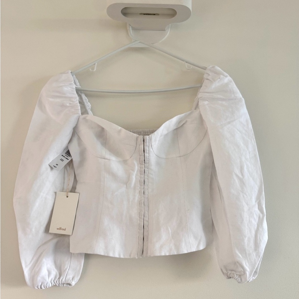 Wilfred White Linen Puff-Sleeve Corset Zip-Front Top